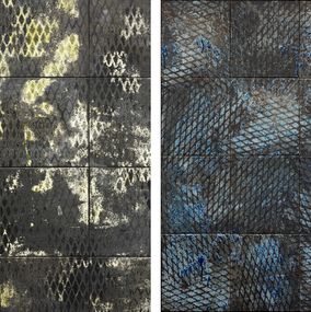 Sculpture, White and Green & Blue, Expanded Metal Tile, Diptych, Clemens Wolf
