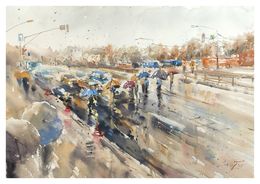 Gemälde, Rain in the city Watercolor cityscape, Irina Pronina
