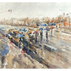 Gemälde, Rain in the city Watercolor cityscape, Irina Pronina