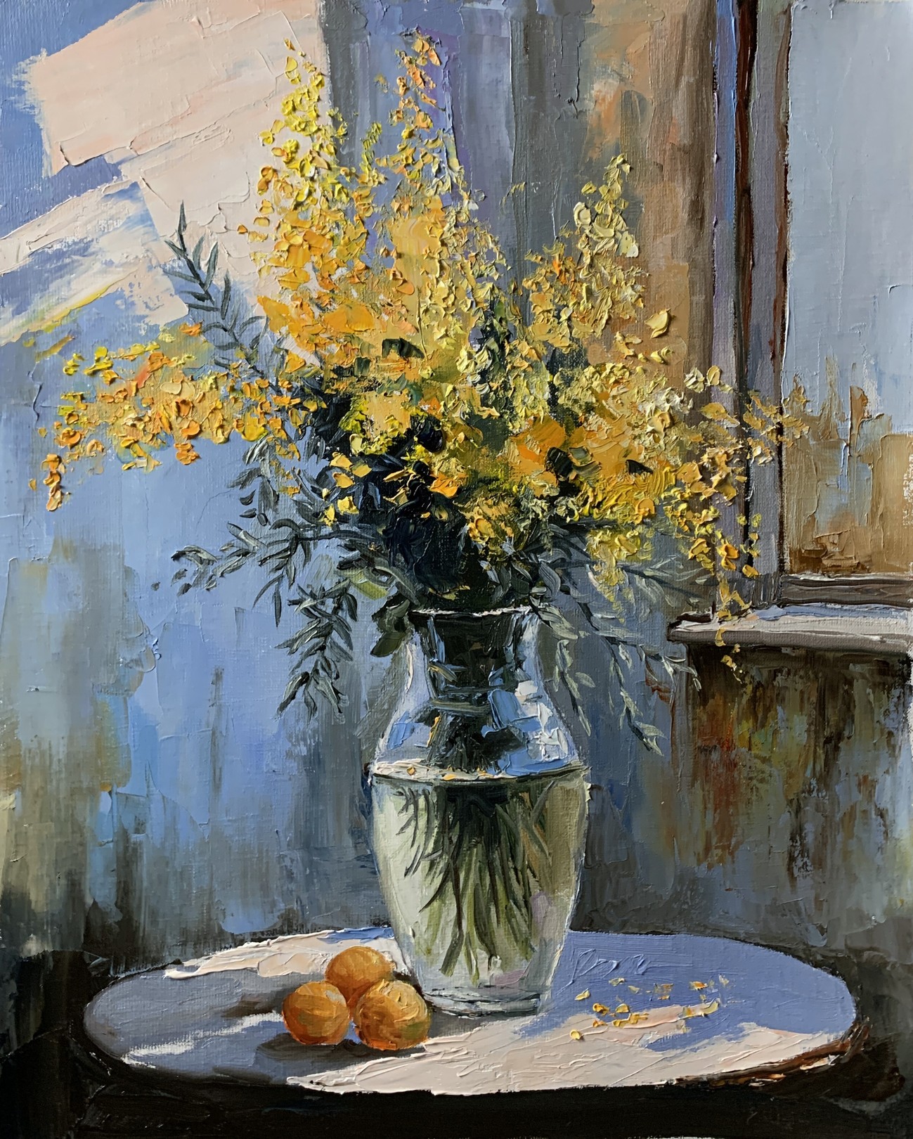 Schagen Vita, Bouquet of mimosa in a transparent vase by the window. Schagen Vita, Bouquet of mimosa in a transparent vase by the window.