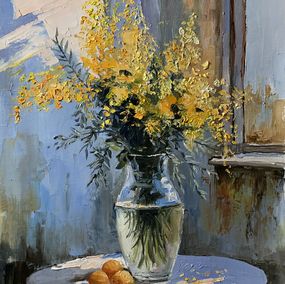Gemälde, Bouquet of mimosa in a transparent vase by the window., Schagen Vita