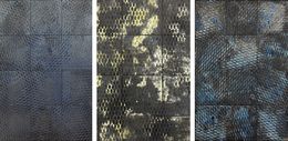 Sculpture, Black, White and Green & Blue, Expanded Metal Tile, Triptych, Clemens Wolf
