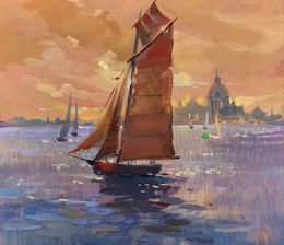 Gemälde, Evening sailing on a sailboat at sea, Suprunchuk Yuriy