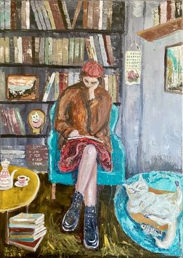 Gemälde, Reading with the cat, ShuJie Wang
