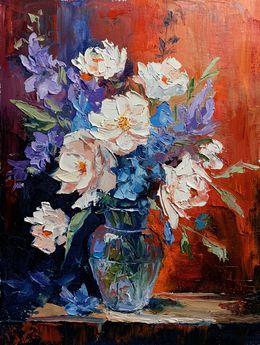 Peinture, Bouquet of White flowers in a blue vase on red. Still life, Schagen Vita
