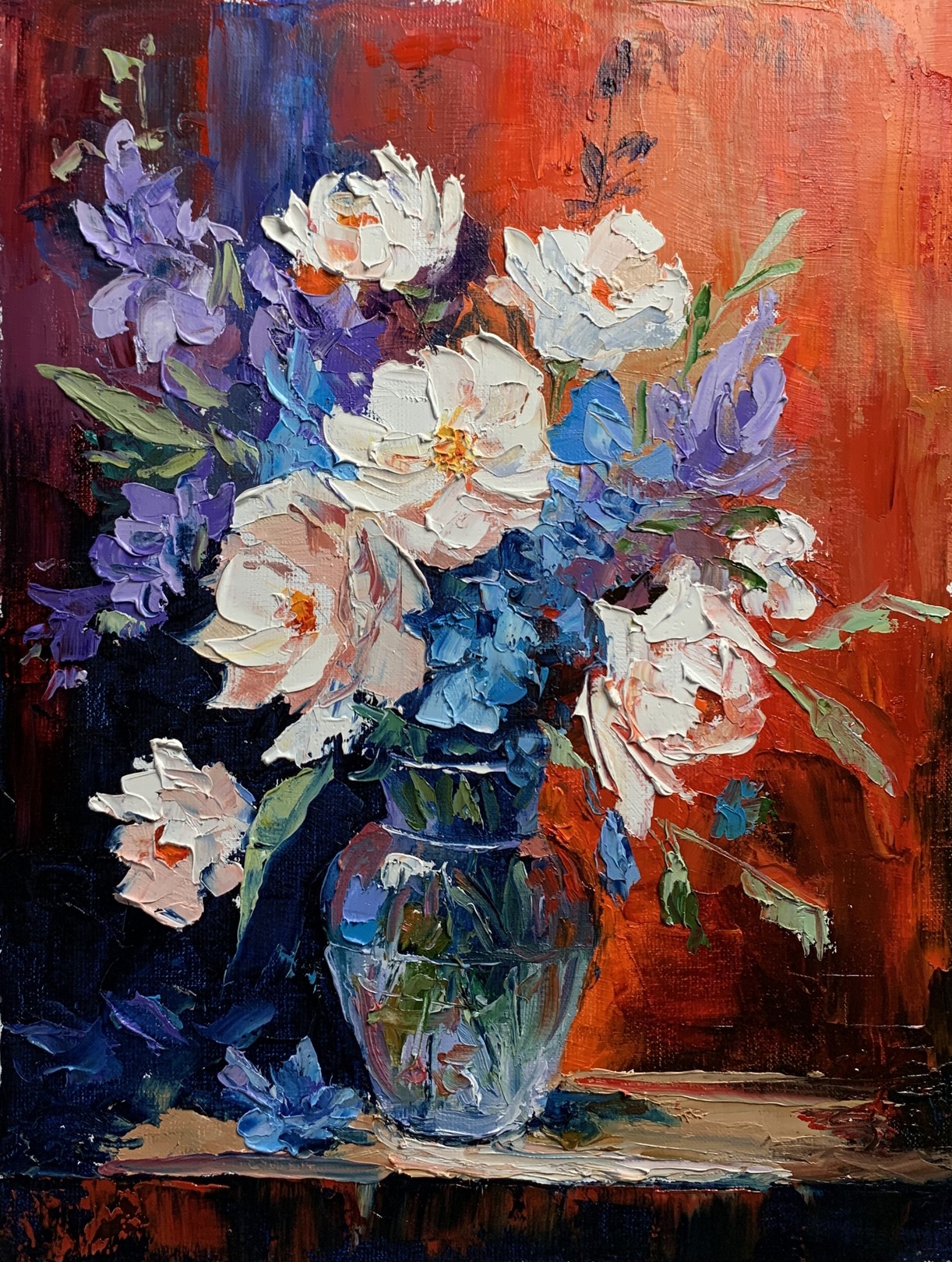 Schagen Vita, Bouquet of White flowers in a blue vase on red. Still life Schagen Vita, Bouquet of White flowers in a blue vase on red. Still life