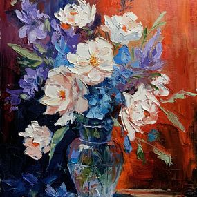 Gemälde, Bouquet of White flowers in a blue vase on red. Still life, Schagen Vita