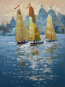 Gemälde, Three sailboats in the evening, Suprunchuk Yuriy