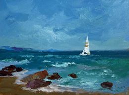 Gemälde, A lonely sailboat at sea, Suprunchuk Yuriy