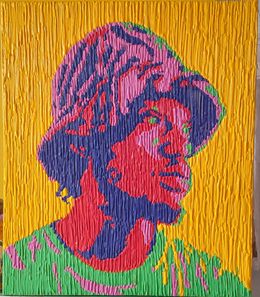 Painting, Guy in Hat - 21st Century, Contemporary, Figurative Portrait, Acrylic Drip, Men, Bello Adedoyin