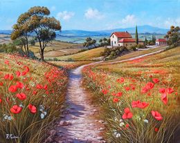 Gemälde, The path of daisies & poppies - Tuscany landscape painting, Raimondo Pacini