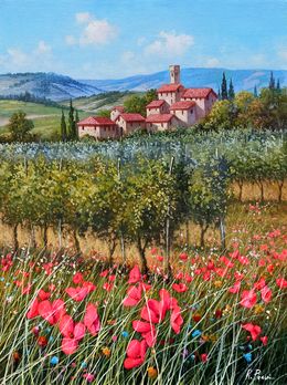 Gemälde, The vineyard of hamlet - little version - Tuscany landscape painting, Raimondo Pacini