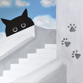 Gemälde, Whimsical Cat Surrealist Artwork, Julie Max