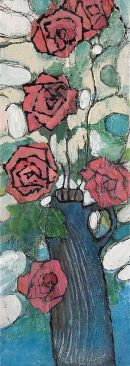 Gemälde, Blue Vase and Roses, Miyuki Takanashi