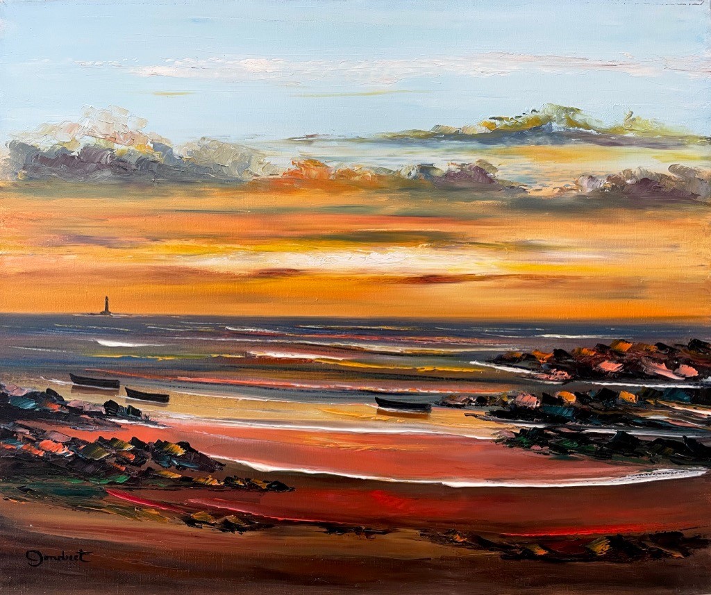 Lucien Gondret, Coucher de soleil derrière le phare des Barges réf: CPBD1043 Lucien Gondret, Coucher de soleil derrière le phare des Barges réf: CPBD1043