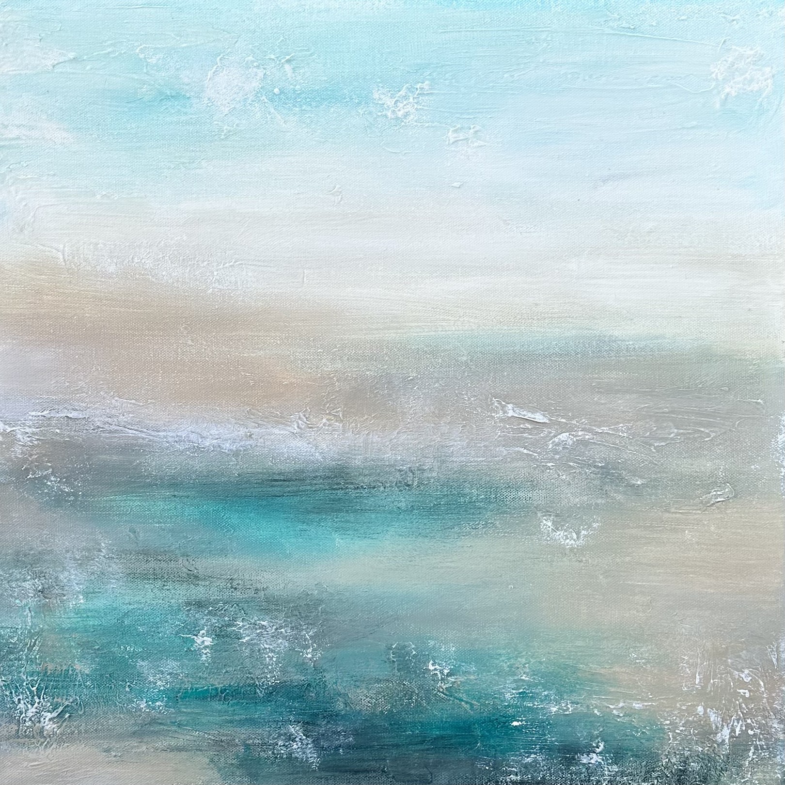 Jane Ti, Abstract Seascape in Aqua and Beige Jane Ti, Abstract Seascape in Aqua and Beige
