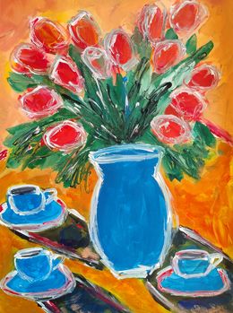 Painting, Morning coffee with tulips, Natalya Mougenot