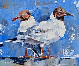 Painting, "Friendly bird walk"  - series Bird market, Volodymyr Gluhomanyuk