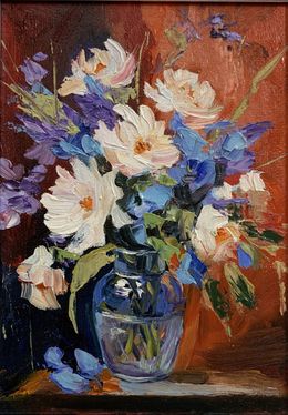 Peinture, Bouquet of White flowers in a blue vase on red, Schagen Vita