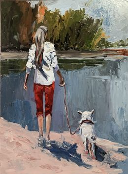 Gemälde, Woman walking with a dog, Schagen Vita