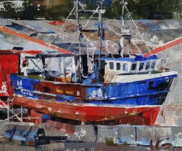 Painting, Boat in the city port, Volodymyr Gluhomanyuk