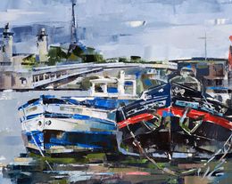 Painting, Boats and bridge, Volodymyr Gluhomanyuk