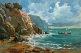 Gemälde, Sailing to the shore on a boat, Suprunchuk Yuriy