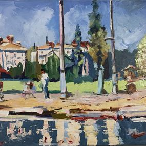 Painting, Little town by the lake. Switzerland landscape, Schagen Vita