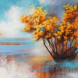 Painting, Warm Reflections: A Golden Landscape - extra-large contemporary impressionistic Landscape, Vera Hoi