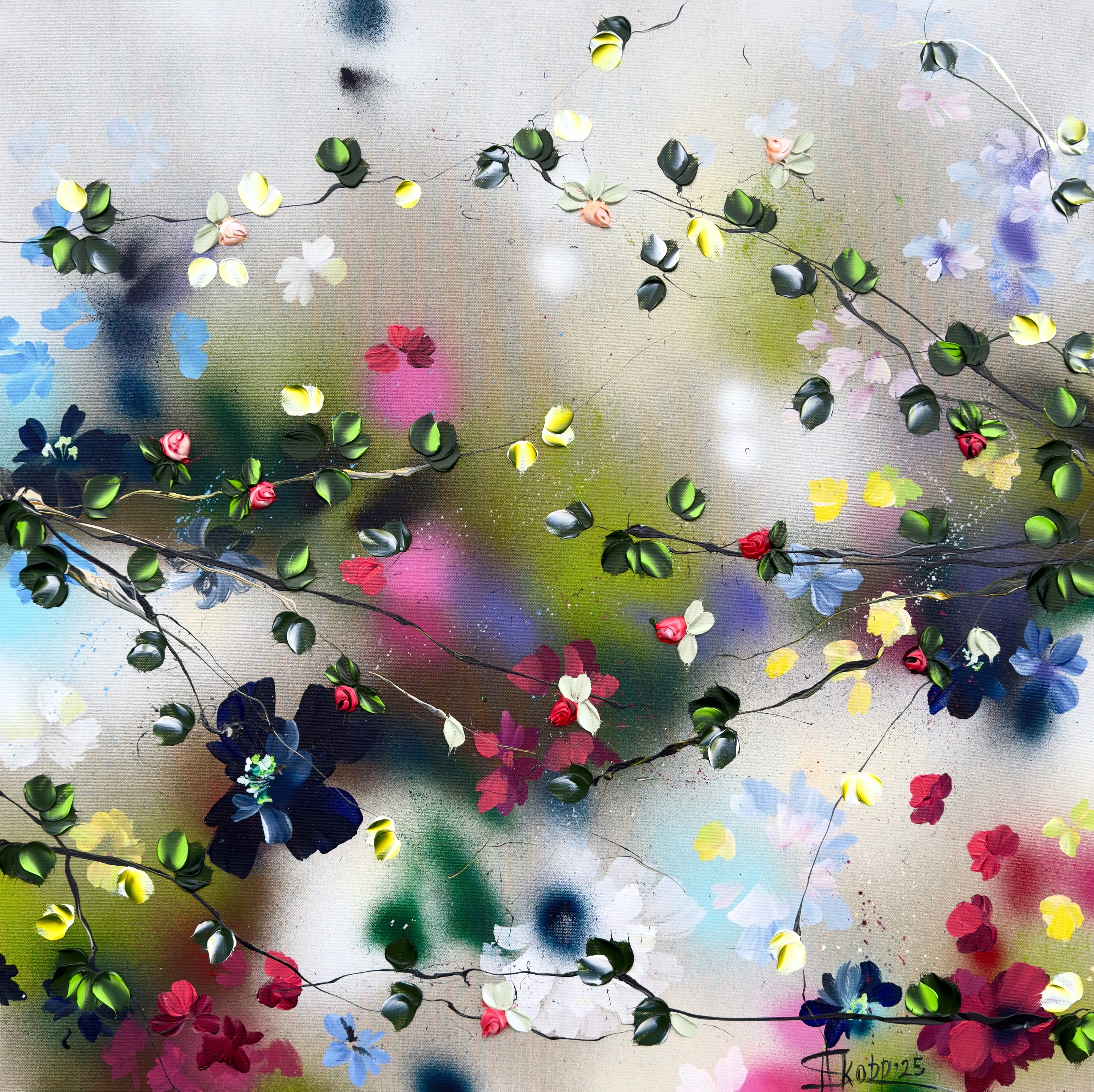 Anastassia Skopp, Kaori III - modern colorful floral artwork on linen canvas Anastassia Skopp, Kaori III - modern colorful floral artwork on linen canvas