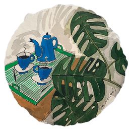 Zeichnungen, Fulles de Monstera, cafetera i tasses, Montse Roldos