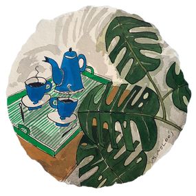 Zeichnungen, Fulles de Monstera, cafetera i tasses, Montse Roldos