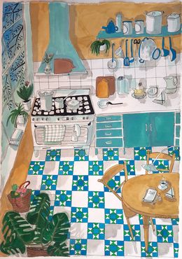 Fine Art Drawings, Cuina amb ombres blaves i rajoles, Montse Roldos
