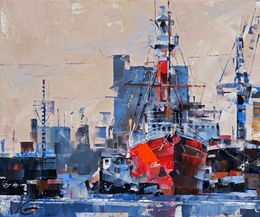 Painting, Lighthouse ship return - series Emden, Volodymyr Gluhomanyuk