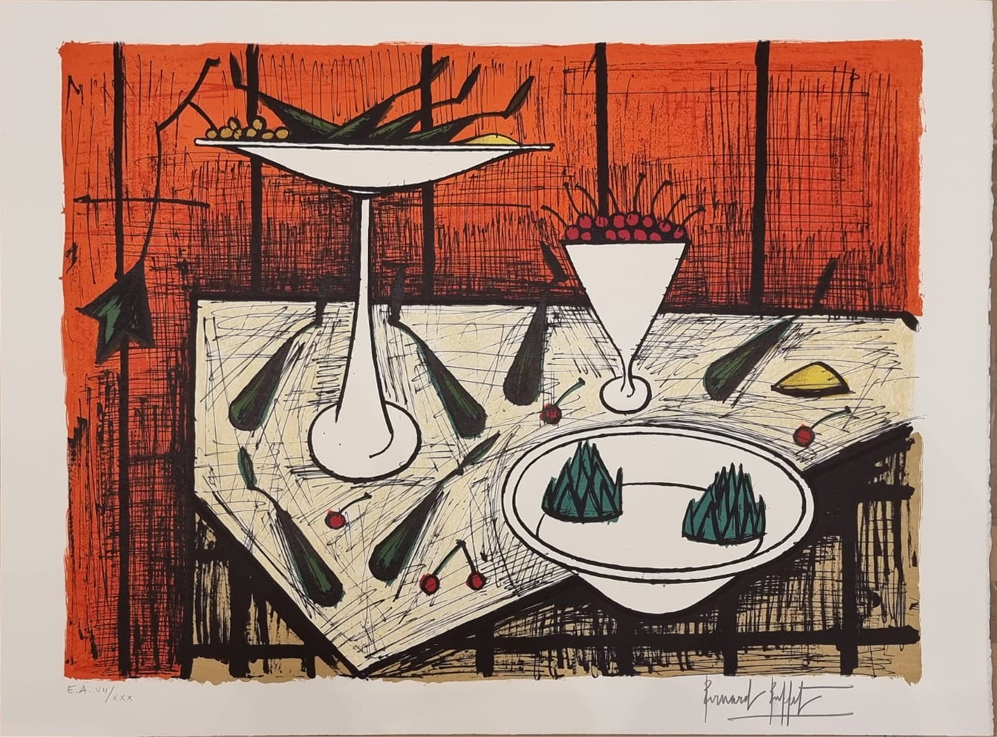 Bernard Buffet, Nature morte au fond rouge Bernard Buffet, Nature morte au fond rouge