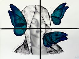Fine Art Drawings, Jeune fille et trois papillons, Chahrazed Fekih