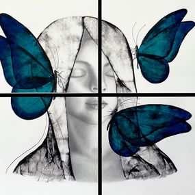 Fine Art Drawings, Jeune fille et trois papillons, Chahrazed Fekih
