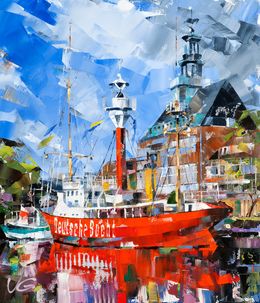 Painting, Ship lighthouse in the city - series Emden, Volodymyr Gluhomanyuk