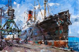 Painting, Passenger ship in port - series Ocean liners, Volodymyr Gluhomanyuk
