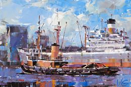 Painting, Cargo ship and tugboat, Volodymyr Gluhomanyuk