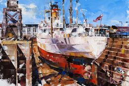 Painting, Cargo ship Turrialba in Southampton drydock - series Ocean liners, Volodymyr Gluhomanyuk