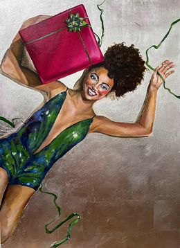 Painting, Festive Black Woman Holding a Gift – Holiday Celebration Artwork with Silver Leaf, Diana Timchenko