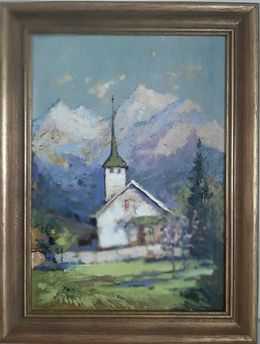 Gemälde, Harmony Peaks: White Church Alpine Mountains, Max Skoblinsky
