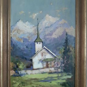Gemälde, Harmony Peaks: White Church Alpine Mountains, Max Skoblinsky