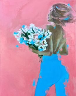 Painting, Spring Bliss – Woman Holding a Bouquet on Soft Pink and Blue Background, Diana Timchenko