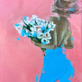 Painting, Spring Bliss – Woman Holding a Bouquet on Soft Pink and Blue Background, Diana Timchenko