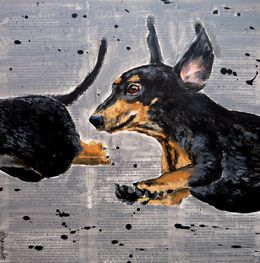 Painting, French school super flying Dachshund Where is my body?04, Bazévian Delacapucinière