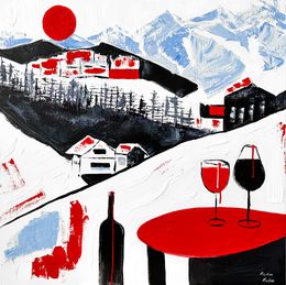 Gemälde, Après-Ski Wine Delight in the Snowy Alps, Kristina Mallen
