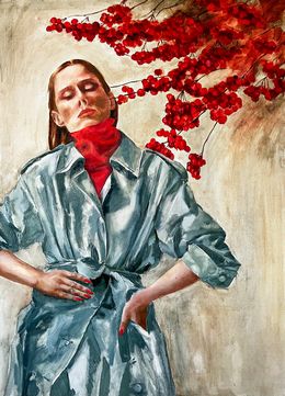 Painting, Spring Elegance: Woman in Blue Coat with Red Berries, Diana Timchenko