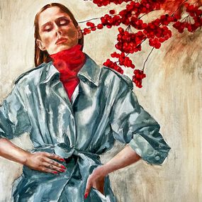 Painting, Spring Elegance: Woman in Blue Coat with Red Berries, Diana Timchenko
